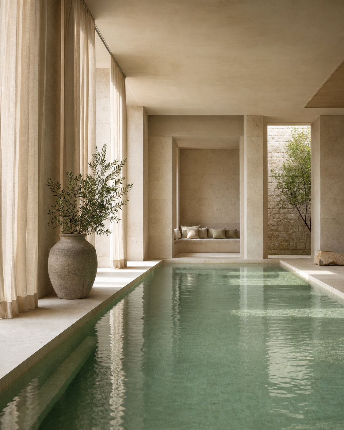 Светлый бассейн SPA-центра Serenity в интерьере из натурального камня